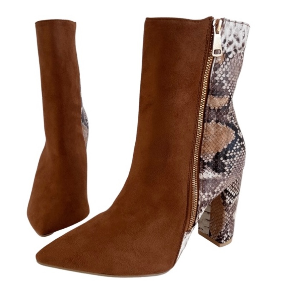 SHEIN Snake-Print Suede Brown Pointed-Toe Chunk Heel Ankle Booties Womens Size 8